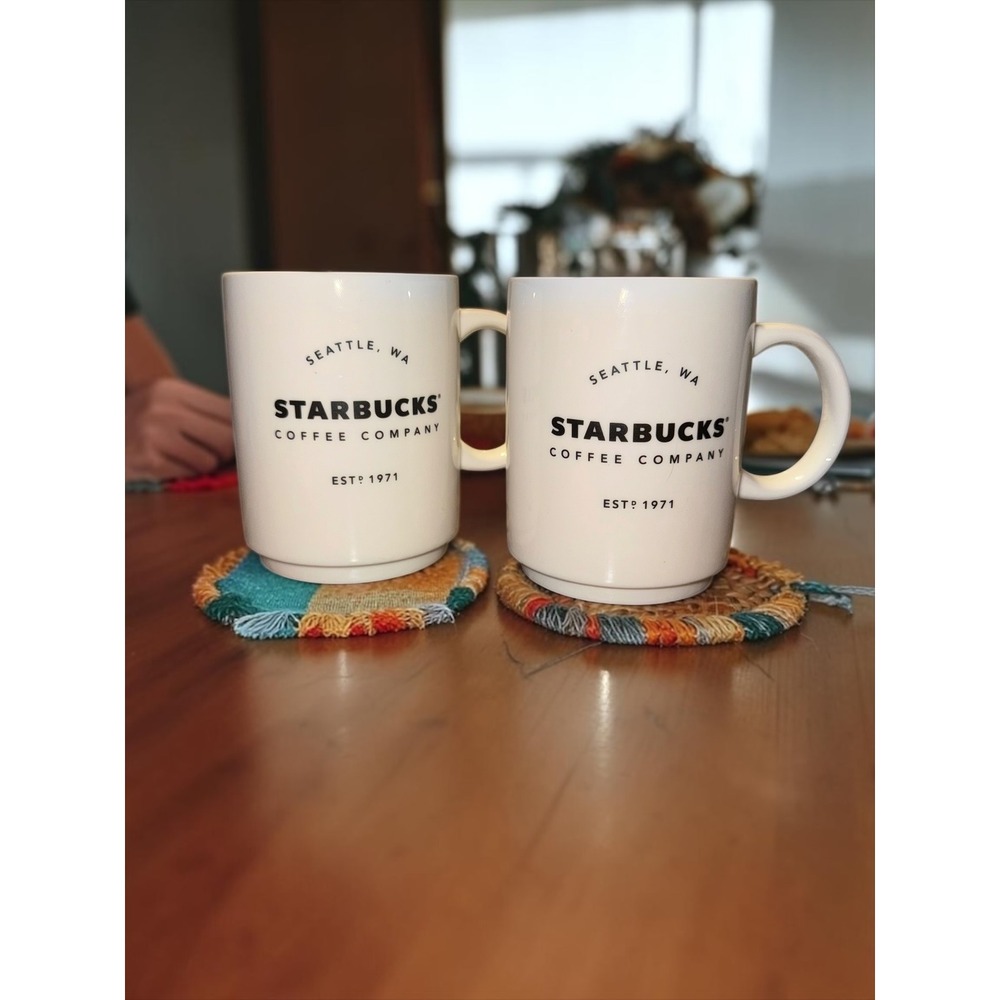 Starbucks Coffee Company Seattle WA Est 1971 White Ceramic Mugs Set of 2 14oz